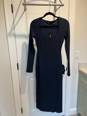 Lulu's Navy Scoop Neck Long Sleeve Midi Dress with Side Buttons
